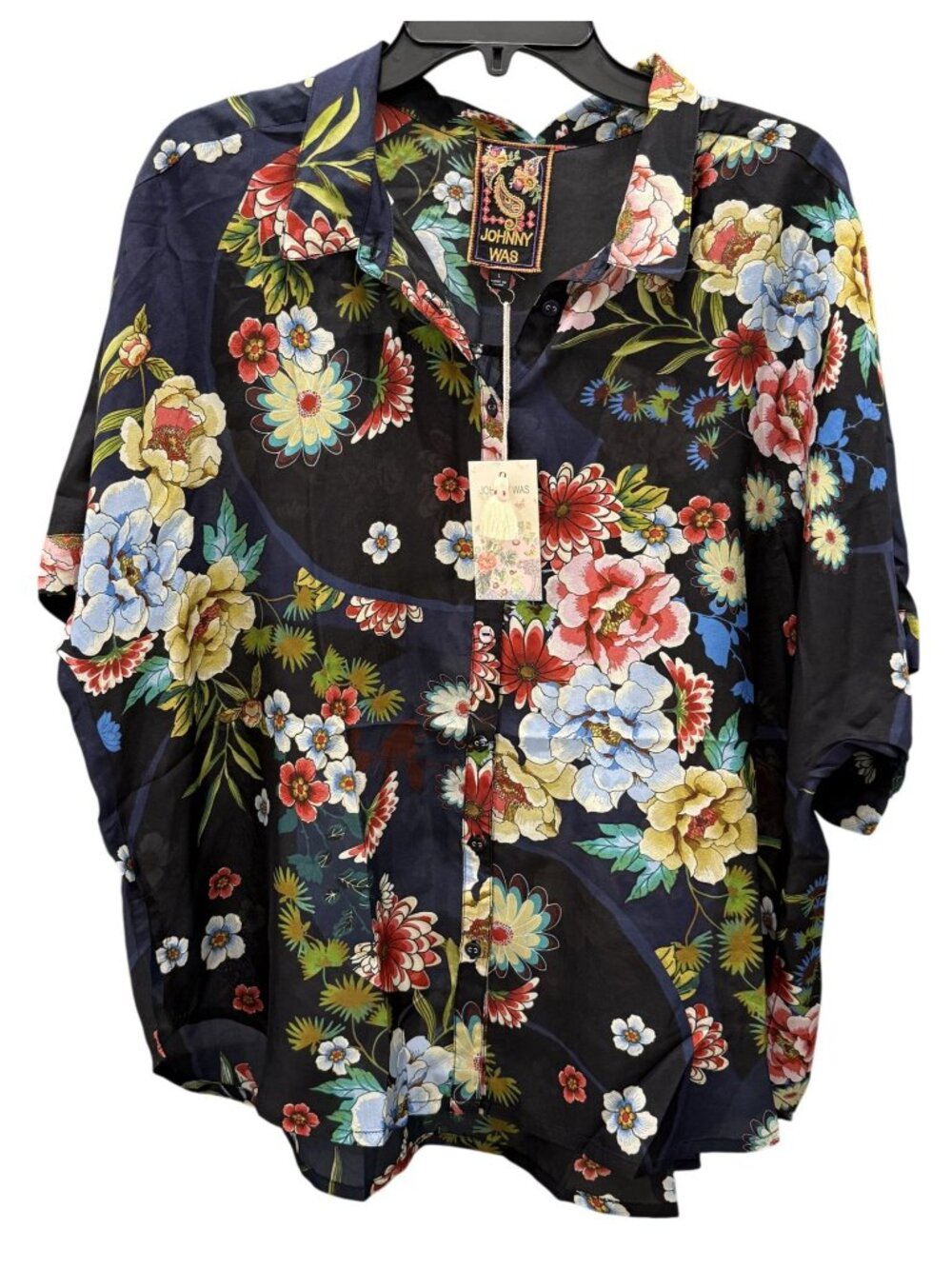 Johnny Was Audrey Floral Silk Button-Up Blouse Womens L Multicolor Curve Hem NWT